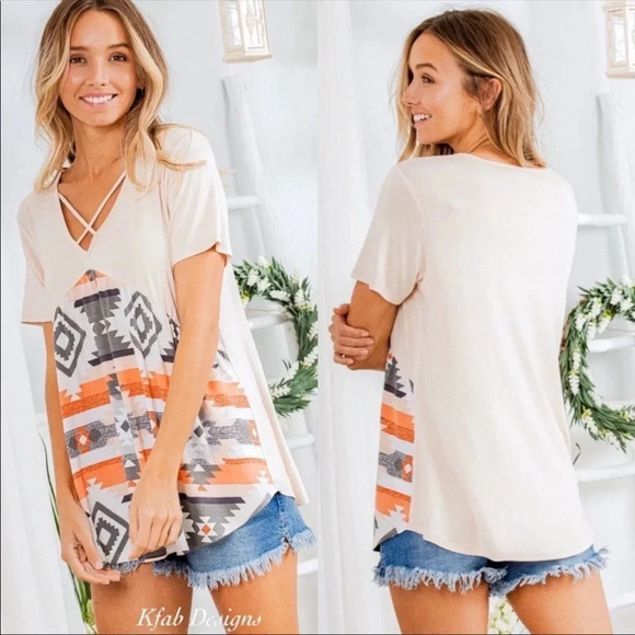 Boho Aztec Print Crisscross V-Neck Top | Western Graphic Tee Style - Picture 5 of 6
